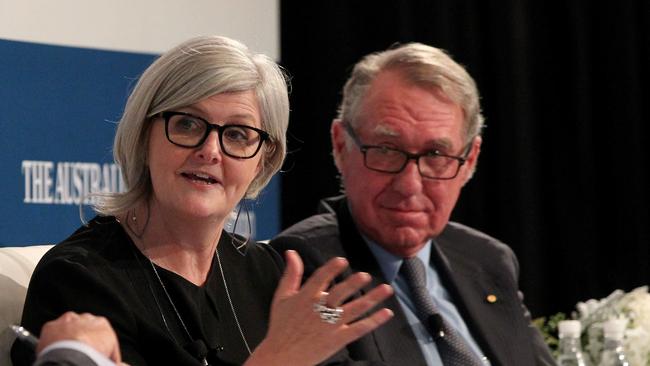 Mostyn, then a Virgin Australia director, at The Australian and BHP Billiton Competitive Advantage Forum with then ANZ chairman David Gonski in 2016. Picture: Hollie Adams