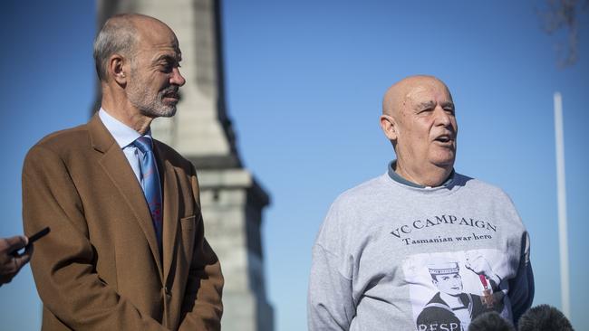 Tasmanian MP Guy Barnett with Garry Ivory, nephew of Teddy Sheean, who has been recommended by the Prime Minister to be awarded a posthumous Victoria Cross. Picture: LUKE BOWDEN