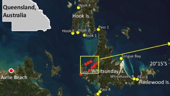 Study area, showing (a) the location of the Whitsundays in Queensland, and b) the locations of the acoustic receivers deployed in Cid Harbour (red) and the broader Whitsundays region (yellow). PHOTO: James Cook University