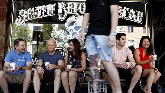 The 24 hour coffee shop at Brunswick Street Fortitude Valley, Death Before Decaf . This cafe is very popular Brisbane's hipster groovers! Daniel Wighton, Ben Wighton, Holly Darling-Filby, Simon Carey, Ray Forester. Picture: supplied