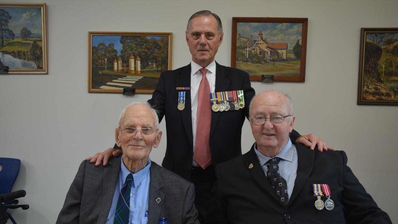 VETRANS: Doug Farmer, Barry Krosch and Barry Dobbs at the 2019 Kingaroy Remembrance Day service at KSHS. (Photo: Jessica McGrath)