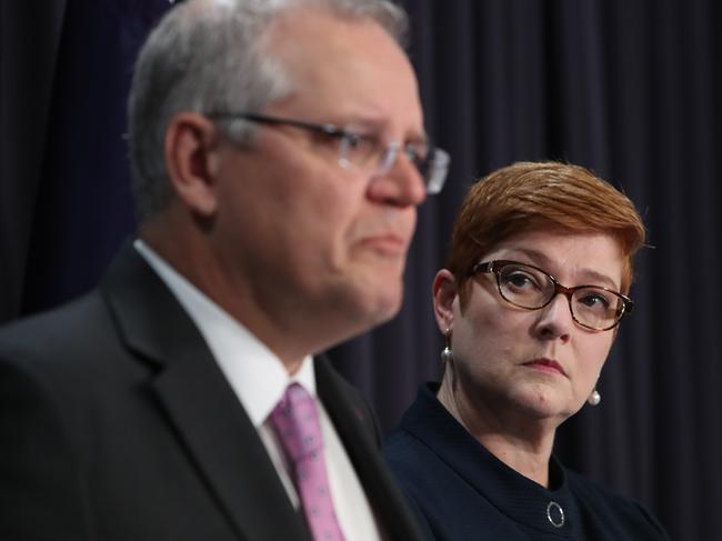 PM Scott Morrison and Foreign Affairs Minister Marise Payne speaking at a press conference at Parliament House in Canberra. Picture Kym Smith