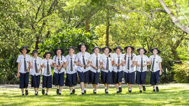 Mt St Michaels College in Ashgrove has six set of twins (left to right) Abigail and Zoe Cooper, Hannah and Paige Mines, Amelia and Mikaela Puxty, Poppy and Meg Muirhead, Sophia and Rose Scarcella, and Ingrid and Louise Tanwan. Picture: AAP/Richard Walker