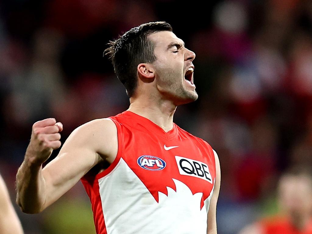 SYDNEY, AUSTRALIA – JUNE 22: Logan McDonald of the Swans celebrates after kicking a goal during the round 15 AFL match between Greater Western Sydney Giants and Sydney Swans at ENGIE Stadium, on June 22, 2024, in Sydney, Australia. (Photo by Brendon Thorne/AFL Photos/Getty Images)