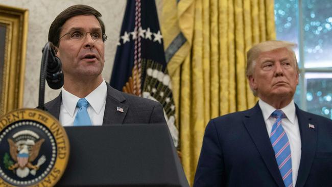 US Defence Secretary Mark Esper speaks after he was sworn in by President Donald Trump in July last year. Picture: AFP