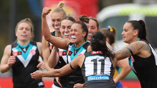 Justine Mules enjoys a goal for Port Adelaide.