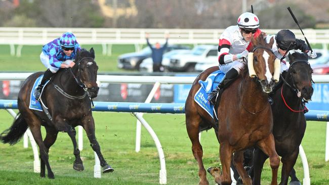 Pride of Jenni (left) fading behind Pinstripped and Mr Brightside in the Memsie Stakes last start. Picture: Vince Caligiuri/Getty Images