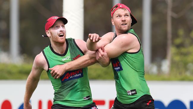 Aaron Francis (left) wrestles with Jake Stringer at pre-season training. Picture: Michael Klein