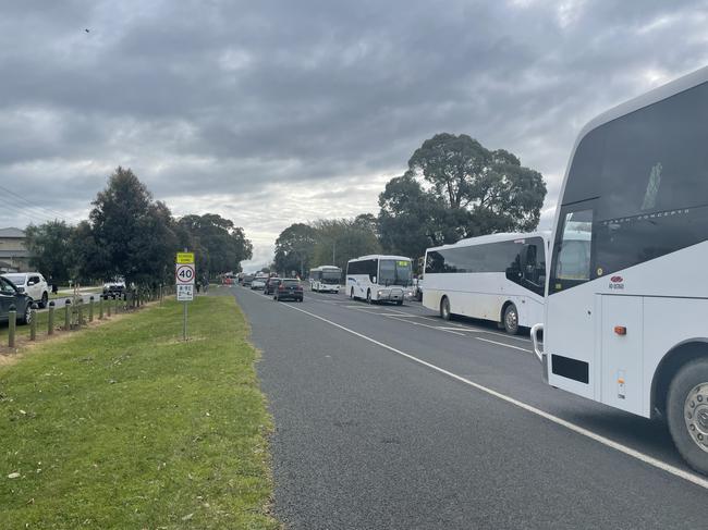 Nerrena Rd is packed with buses driving past the school in the afternoons. Picture: Jack Colantuono