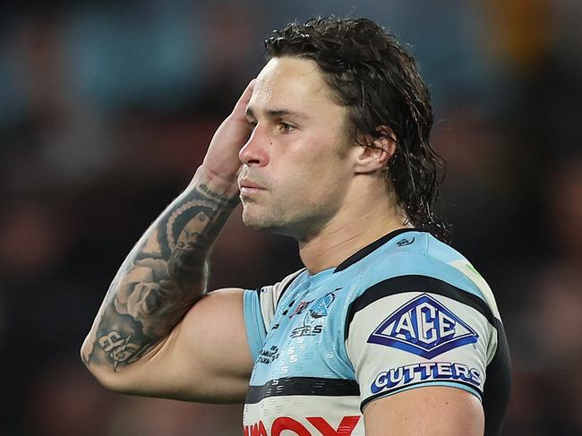 SYDNEY, AUSTRALIA - SEPTEMBER 28:  Nicho Hynes of the Sharks reacts after losing the NRL Preliminary Final match between the Penrith Panthers and the Cronulla Sharks at Accor Stadium on September 28, 2024 in Sydney, Australia. (Photo by Mark Metcalfe/Getty Images)