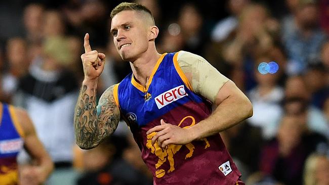 Brisbane captain Dayne Beams celebrates a goal.