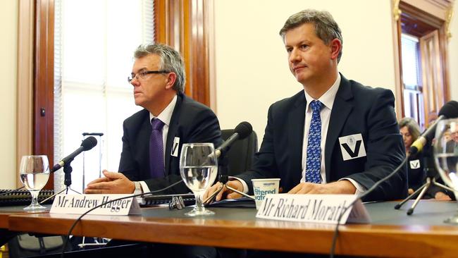 NAB’s Greg Miller, left, with head of wealth Andrew Hagger, at a parliamentary hearing.