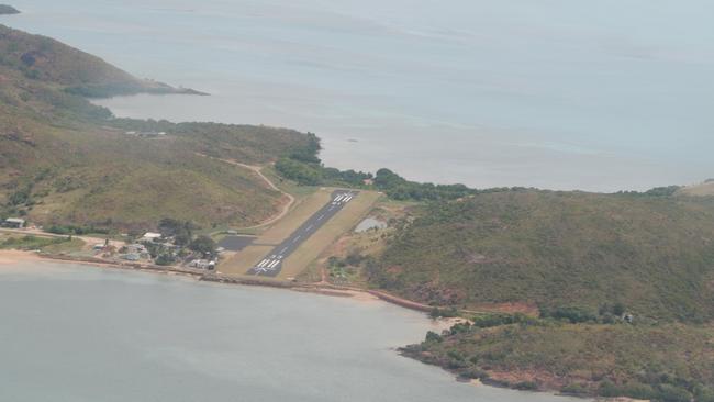 Aerial shot of the Mabuiag Island airstrip which is one of the shortest in Australia.