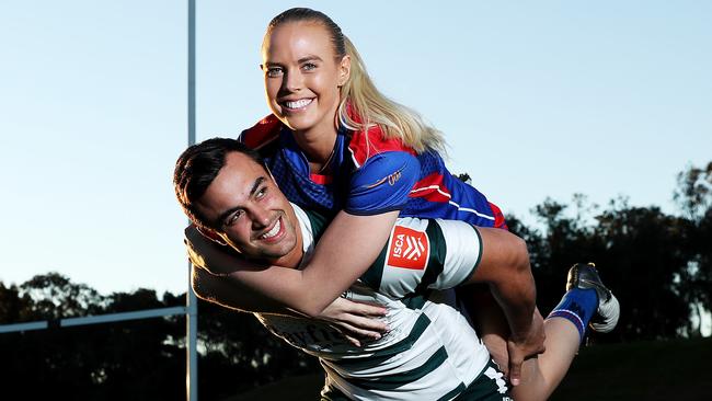 Manly Mermaids player Cass Wood with her boyfriend, Warringah’s Tyson Davis. Picture: Tim Hunter.