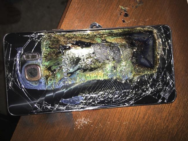 A damaged Samsung Galaxy Note 7 after it caught fire. Picture: Shawn L. Minter via AP