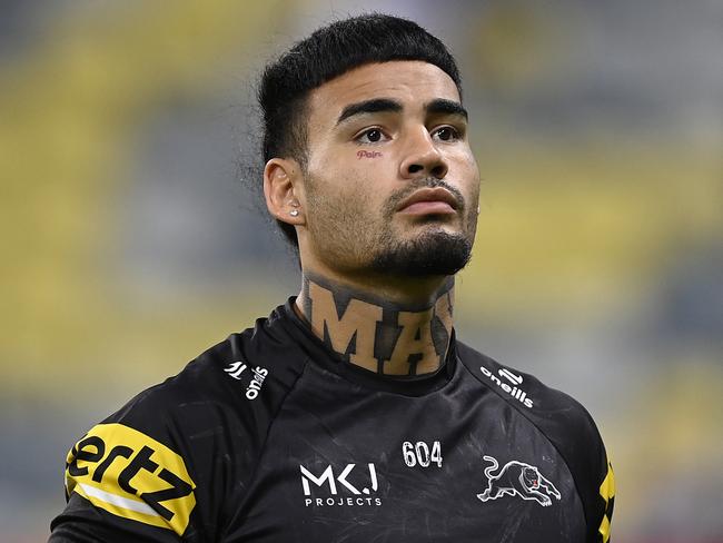 TOWNSVILLE, AUSTRALIA - APRIL 27: Taylan May of the Panthers looks on before the start of the round eight NRL match between North Queensland Cowboys and Penrith Panthers at Qld Country Bank Stadium, on April 27, 2024, in Townsville, Australia. (Photo by Ian Hitchcock/Getty Images)