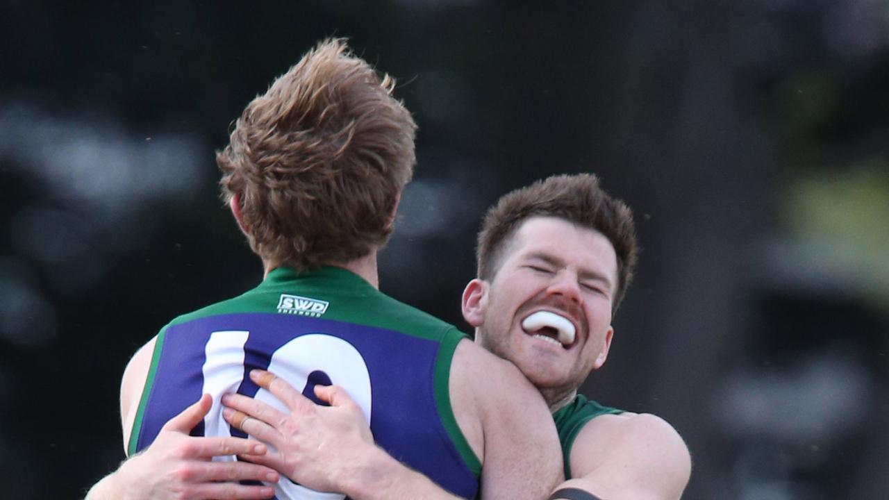 GFL Grand Final day Senior football grand final between St Mary's and Leopold . Goal to St MaryÃ&#149;s 10 Tom Lang seen celebrating with 15 Nick Nott Picture: Mark Wilson