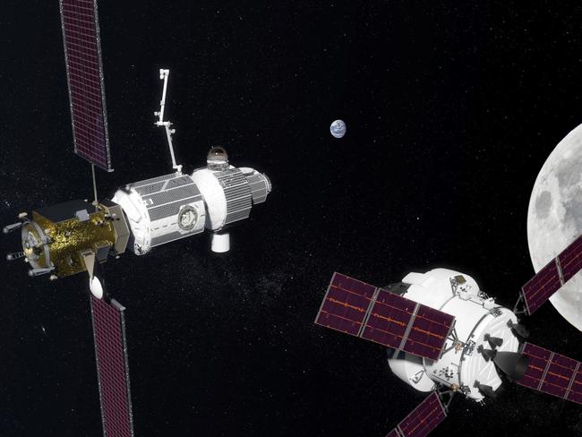 A NASA rendering of a concept for a Deep Space Gateway station in orbit around the Moon.