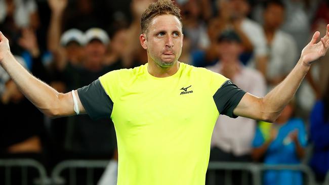 Tennys Sandgren celebrates after his massive fourth round win. Picture: Getty Images