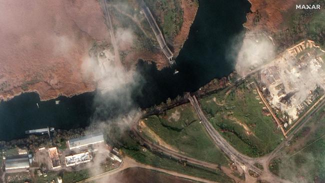 A damaged bridge in Darivka, Kherson region. Picture: Maxar Technologies / AFP