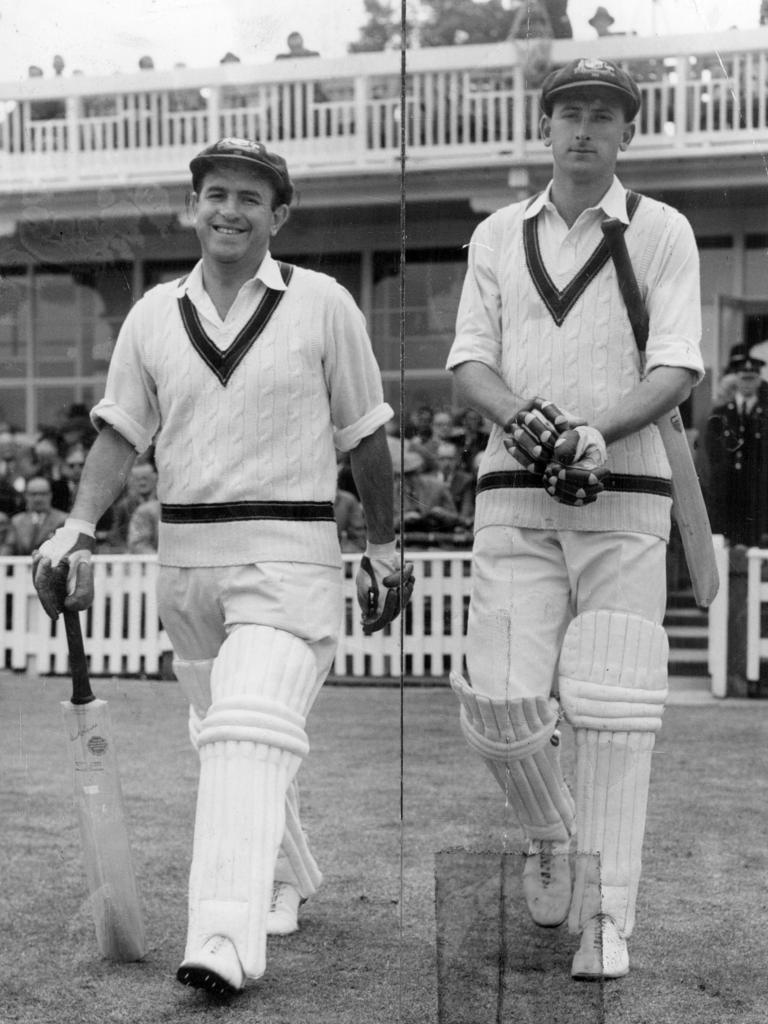 Colin McDonald and Lawry walk out for the First Test at Edgbaston in 1961.