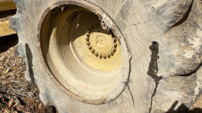 Vandals drilled two holes in Colin Robin's logging skidder's tyres, which was filled with water.