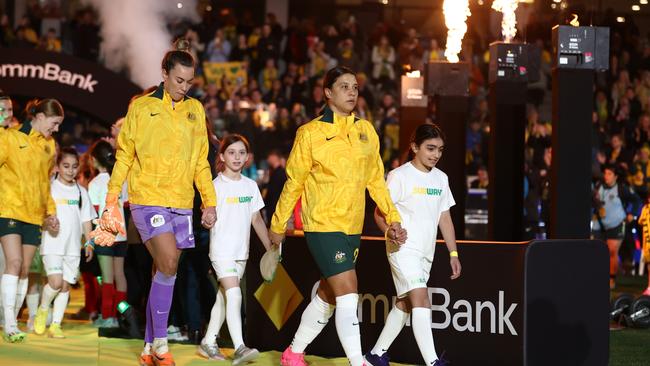 Sam Kerr of the Matildas leads her team out during the International Friendly match between the Matildas and France at Marvel Stadium on Friday. Picture: Robert Cianflone