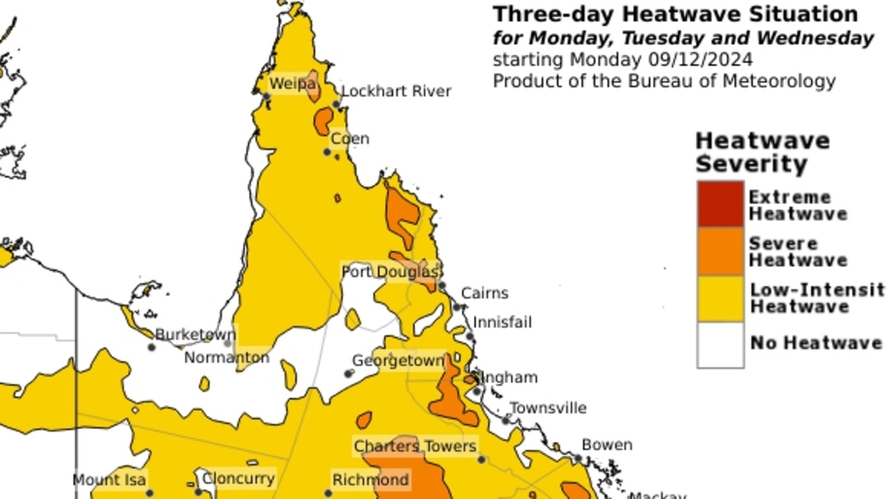 Heatwave Situation for 3 days starting Monday, December 9. Picture: BOM