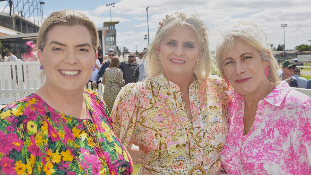 Leah Reimers, Sue Edwards and Sandy Bowyer at the 2023 Audi Centre Toowoomba Weetwood race day at Clifford Park Racecourse.