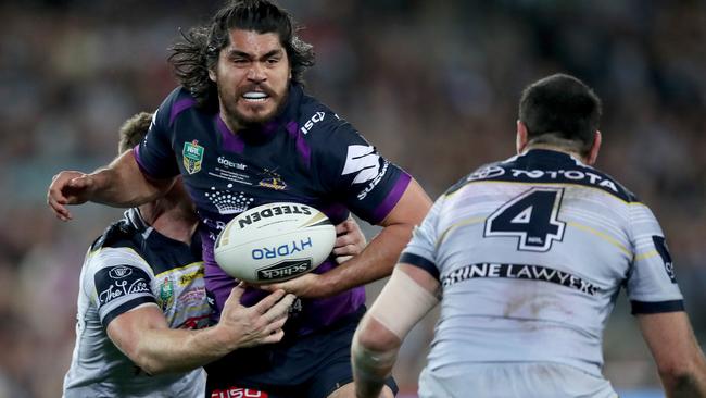 Tohu Harris attempts to bust a tackle in the NRL grand final.
