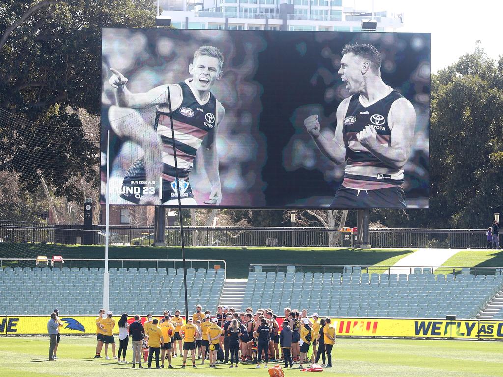 The Crows pay tribute to David Mackay and Tom Lynch on the scoreboard at training. Picture: Sarah Reed