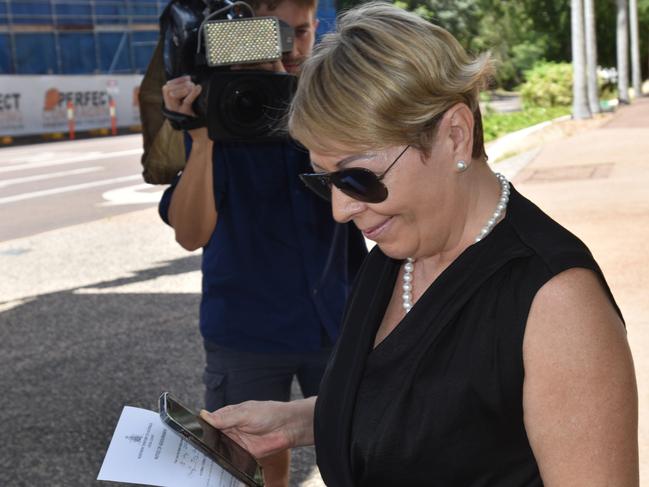 Darwin real estate agent Suzi Milgate fronts court charged with assaulting former Chief Minister Natasha Fyles at the Nightcliff Markets with a cream pie in September 2023. Picture: Elise Graham