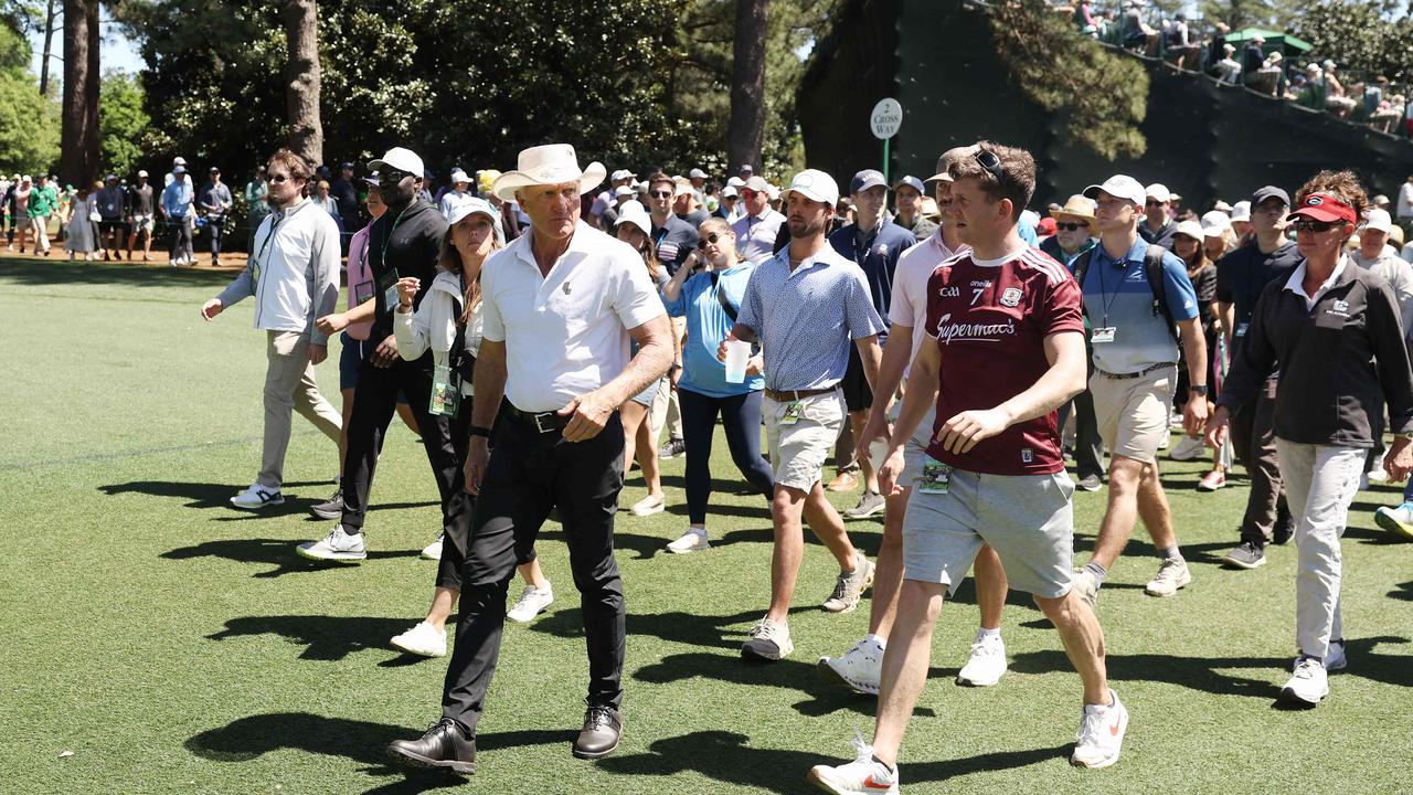 Greg Norman walks with patrons on the second hole at Augusta National. Picture: Warren Little / GETTY IMAGES NORTH AMERICA / Getty Images via AFP)