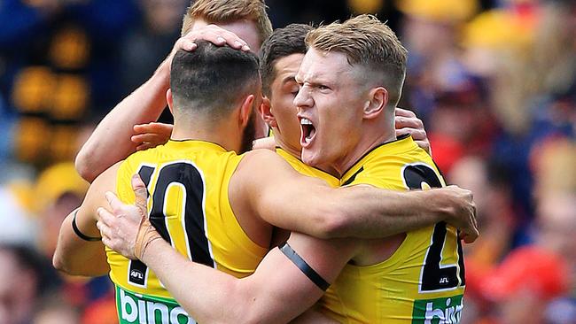 The 2017 AFL Grand Final between the Adelaide Crows and Richmond Tigers at the Melbourne Cricket Ground. Richmond Tiger Josh Caddy celebrates a goal. Picture: Mark Stewart