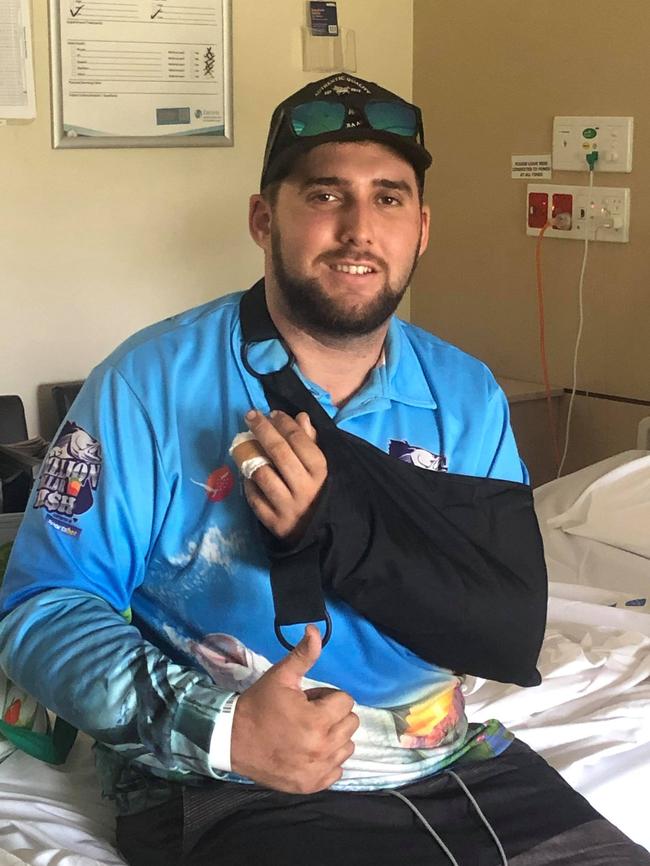 Josh Vaughan has had part of his finger sewn back on after it was amputated in an accident involving a boat trailer. Picture: Supplied