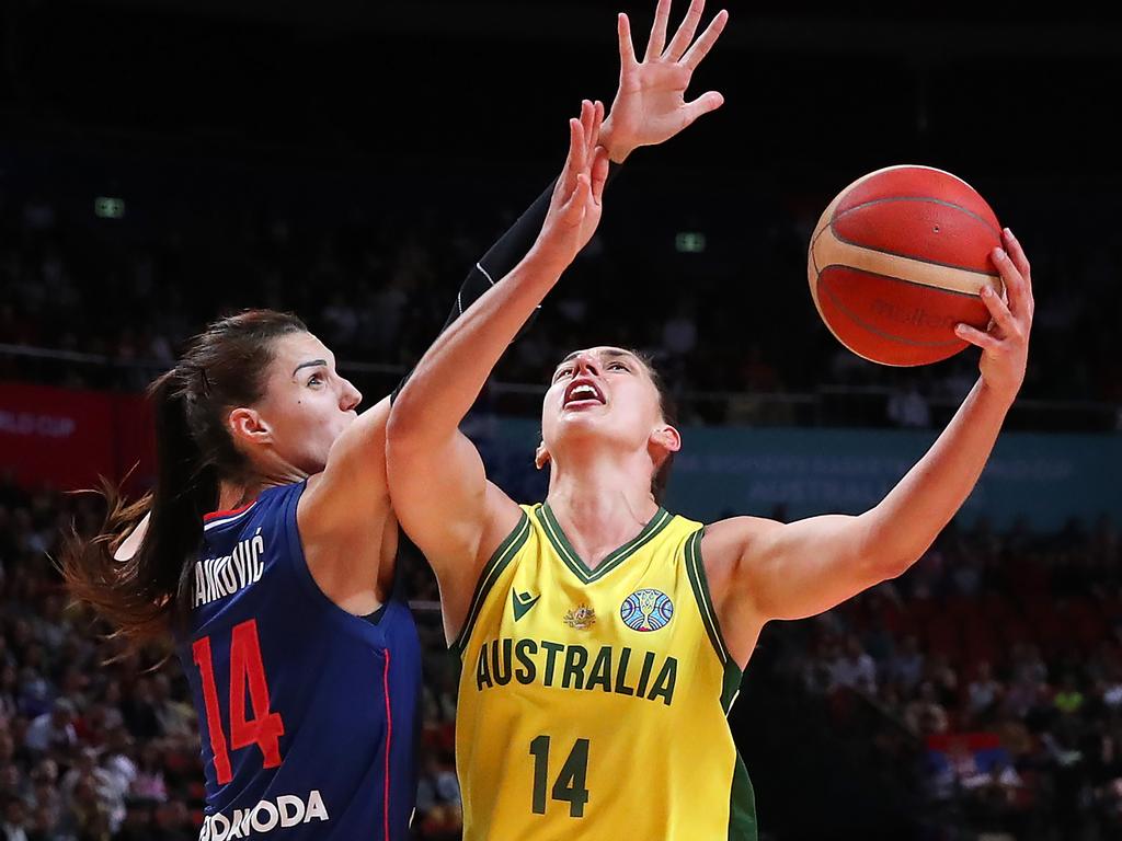 Marianna Tolo bursts to the hoop for the Opals. Picture: Getty Images