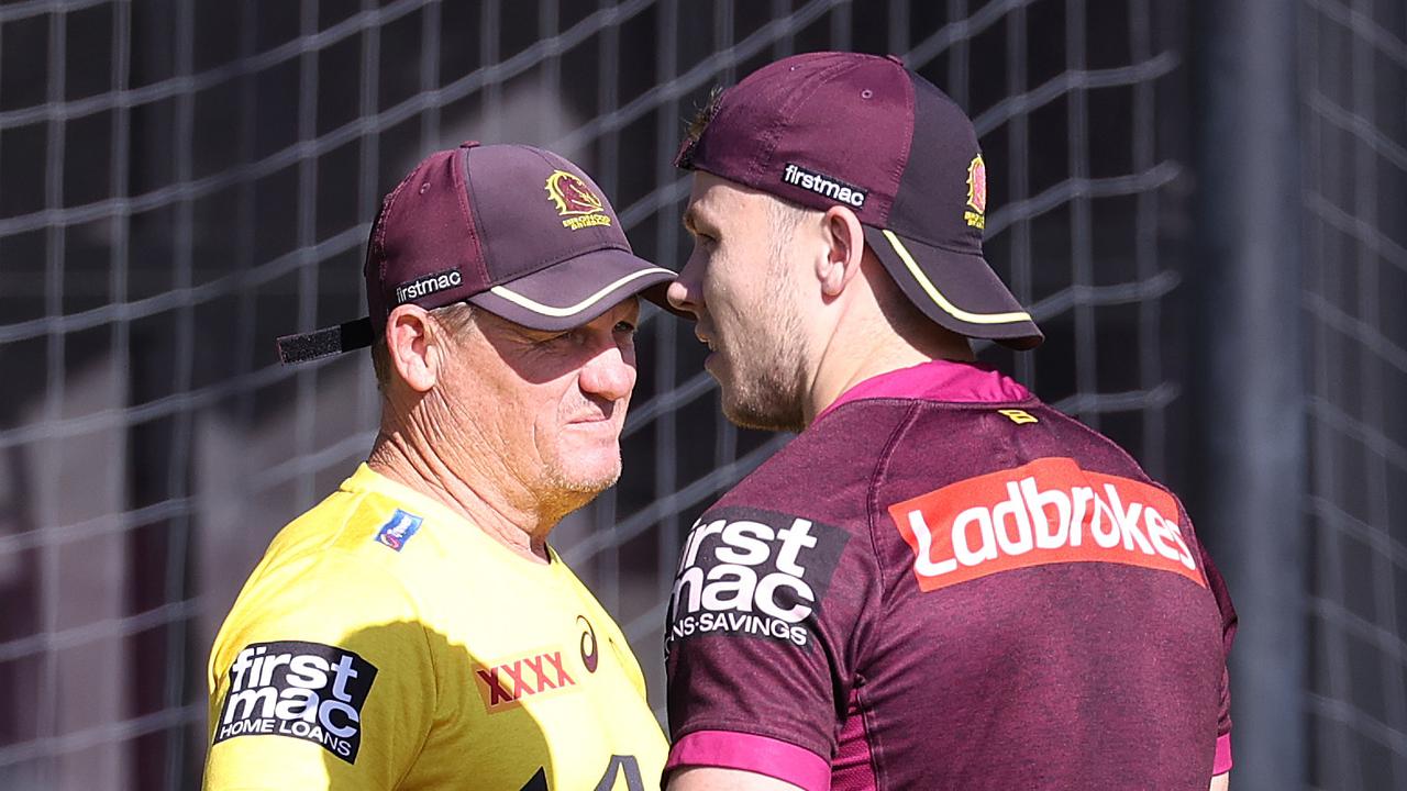 Coach Kevin Walters talking with his son Billy Walters, Brisbane Broncos training, Red Hill. Picture: Liam Kidston