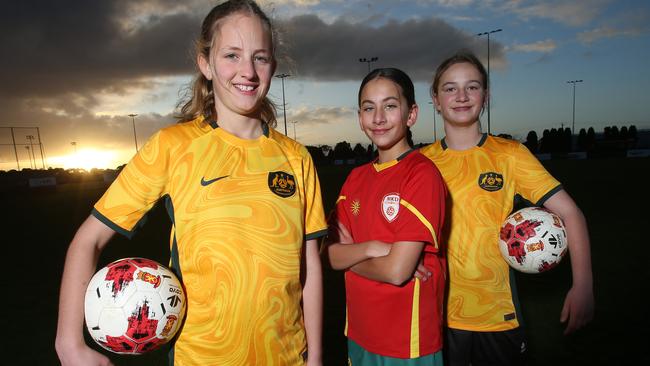 Geelong Soccer players Ayla Nikolovski, Sara Ristevski and Milla Nestorovski represent the 114 per cent growth in female participation since 2015. Picture: Alan Barber