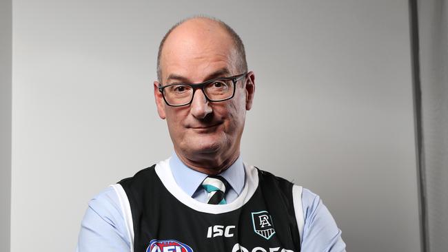 David Koch, Port Adelaide chairman, wearing the clubs black and white striped guernsey. The fight between Port Adelaide and Collingwood football clubs has heated up today with the fight over the wearing of the black and white guernsey referred to the AFL's legal department. Picture: Jonathan Ng