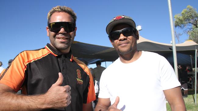 Willie Augerea and Jordon Baarda at Traeger Park, Alice Springs, for the Demons Saints game on June 1, 2025. Picture: Gera Kazakov