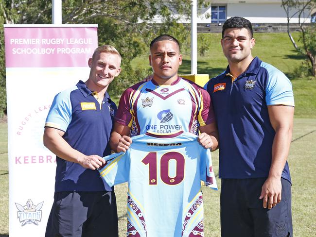 Titans stars Tanah Boyd and David Fifita and with Keebra Park's Herman Tofaeono. Picture: Tertius Pickard