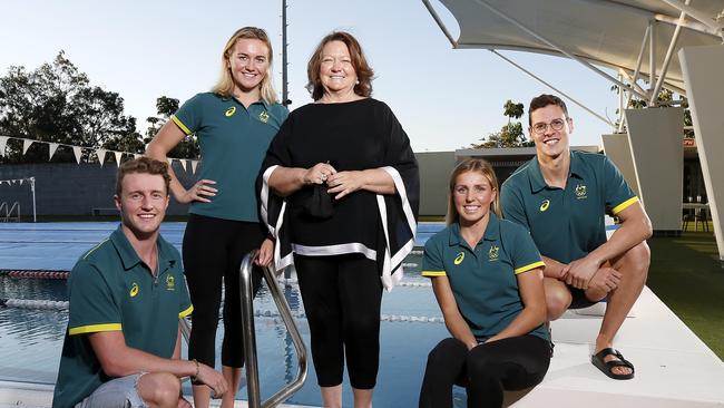 Elijah Winnington, Ariarne Titmus, Gina Rinehart, Abbey Harkin and Mitch Larkin pictured at St Peters Swimming Pool, Gina was awarded the Outstanding Achievement Award. (Image/Josh Woning)