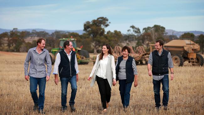 Top of the crops: Matthew, Maurice, Alicia, Ruth and Peter Cain on their oat farm at Natte Yallock in central Victoria. Pictures: Andy Rogers