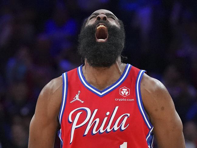 PHILADELPHIA, PA - MAY 08: James Harden #1 of the Philadelphia 76ers reacts against the Miami Heat in the second half during Game Four of the 2022 NBA Playoffs Eastern Conference Semifinals at the Wells Fargo Center on May 8, 2022 in Philadelphia, Pennsylvania. The 76ers defeated the Heat 116-108. NOTE TO USER: User expressly acknowledges and agrees that, by downloading and or using this photograph, User is consenting to the terms and conditions of the Getty Images License Agreement.   Mitchell Leff/Getty Images/AFP == FOR NEWSPAPERS, INTERNET, TELCOS & TELEVISION USE ONLY ==