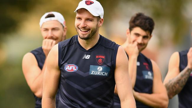 Jess Hogan has a laugh at Melbourne training.