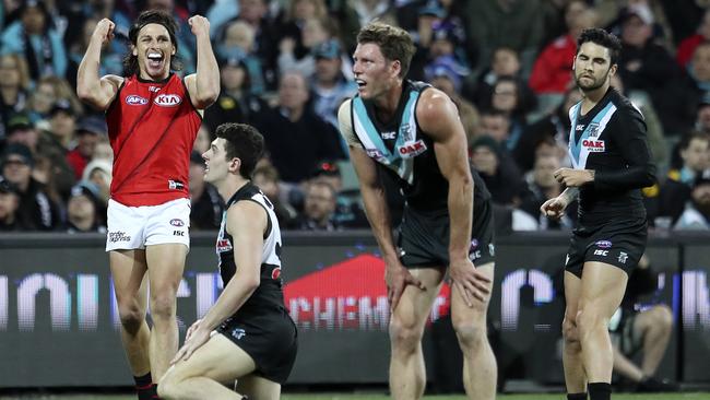 Mark Baguley celebrates another Essendon goal. Picture: Sarah Reed