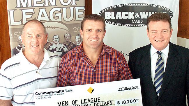 Former Black &amp; White Cabs managing director and now P2P Transport interim CEO Greg Webb (right) is pictured with the former Men of League president Steve Calder (left- now deceased) and Shane Webke.