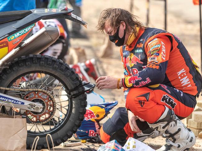 Australian motorcycle rider Toby Price shocked the motorcycle world by racing on a tyre held together with cable ties. Picture: Facebook, Toby Price Racing.