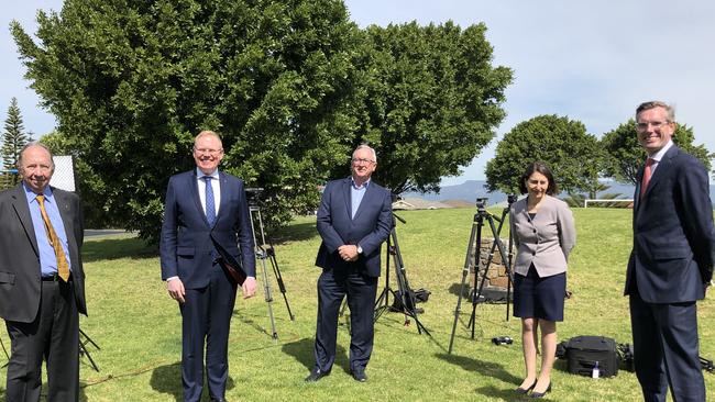 Professor Dennis King, Kiama MP Gareth Ward, NSW Health Minister Brad Hazzard, Premier Gladys Berejiklian and Treasurer Dominic Perrottet in Shell Cove on September 8.