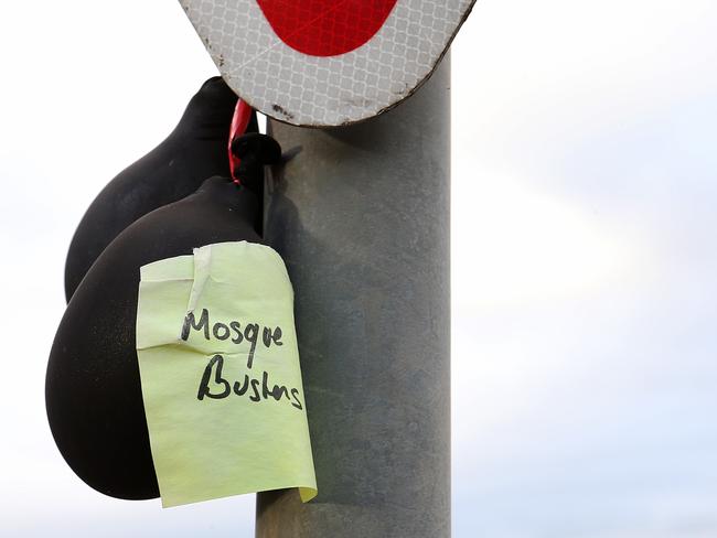 ‘Mosque busters’: Black balloons on the corner of Rowena Street and Rohs Road in Bendigo East. Picture: Ian Currie